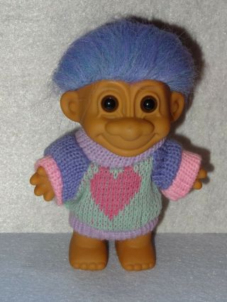 Vintage Russ Winter Heart Sweater Two Tone 4 Inch Troll Doll Complete Costume