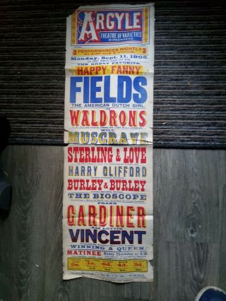 Music Hall Variety Theatre Poster 1905,  Birkenhead Argyle,  Fanny Fields