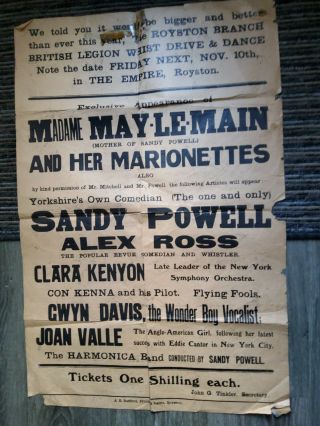 Music Hall Variety Theatre Poster 1920,  Royston Empire,  Madame May Le Main Sandy P