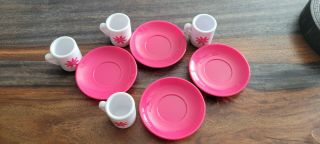 American Girl Doll Cup & Saucer Set 4 White Cups Pink Saucers Plates