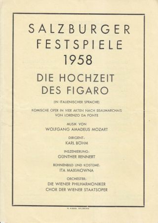 Opera Programme 1958 Salzburg Festival Le Nozze Di Figaro Karl Böhm Schwarzkopf