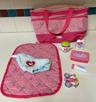 American Girl Bitty Baby Pink Diaper Tote Retired Changing Pad Wipes Cup Rattle
