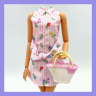❤️barbie Doll Clothes & Accessories Pink Flower Dress & Summer Bag Lot❤️