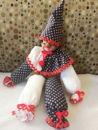 Vintage African American Hand Made Shelf Sitter Clown Doll Wood Middle