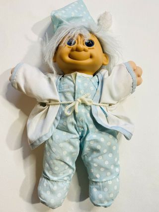 Trolls Vintage 12” Russ Baby Doll Plush Blue White Polka Dots W/ Hat And Robe