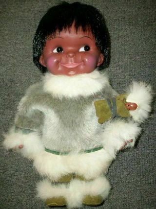 Regal Eskimo Doll 12 " Boy Doll W/ Papoose Fur Outfit Made In Canada