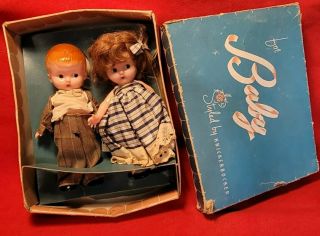 Vintage Knickerbocker Plastic Co.  Jointed Arms Baby Girl Boy Mini Doll Set